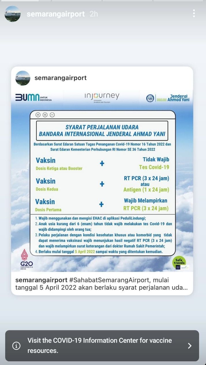 Syarat calon penumpang di Bandara Ahmad Yani Semarang, Selasa (19/4/2022).