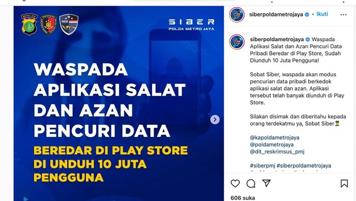 Akun @siberpoldametrojaya mengunggah informasi tentang aplikasi pencurian data