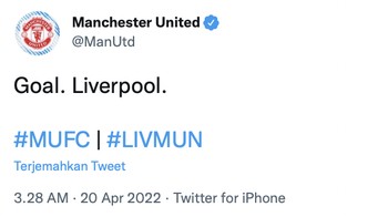 Akun Twitter MU sudah lelah dibobol Liverpool. Foto: Twitter