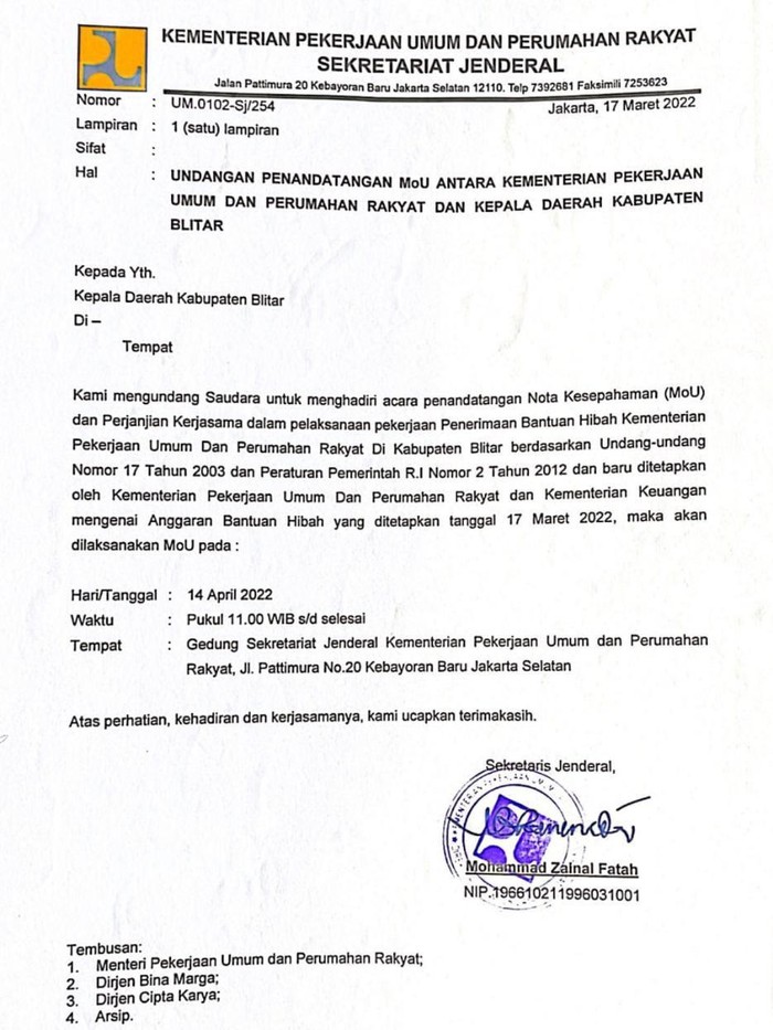 Pemkab Blitar Diundang PUPR Sesuai Prosedur Kedinasan, Ini Suratnya