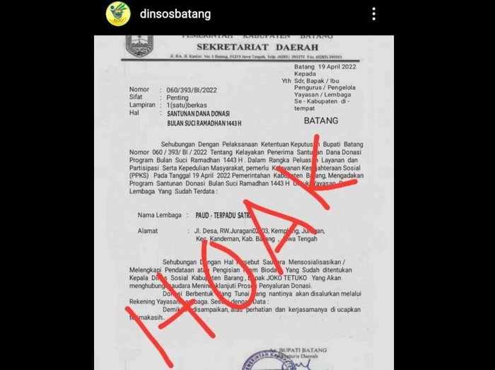 Surat palsu catut nama Sekda Batang.