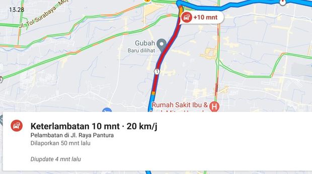 Tangkapan layar peringatan dari Google Maps soal kepadatan lalu lintas di Tol Sidoarjo-Waru.