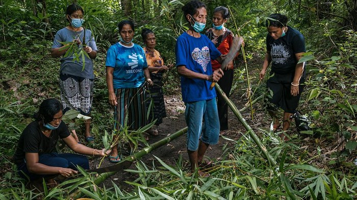 Penyiraman bibit bambu yang baru ditanam di areal persawahan Desa Golo Damu, Kabupaten Manggarai Barat, Nusa Tenggara Timur. (dok. Yayasan Bambu Lestari)