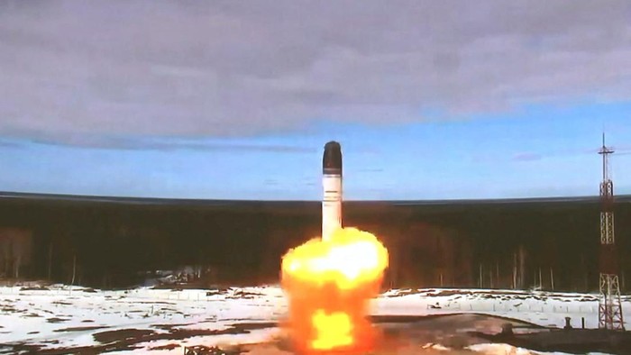 The Sarmat intercontinental ballistic missile is launched during a test at Plesetsk cosmodrome in Arkhangelsk region, Russia, in this still image taken from a video released on April 20, 2022. Russian Defence Ministry/Handout via REUTERS ATTENTION EDITORS - THIS IMAGE WAS PROVIDED BY A THIRD PARTY. NO RESALES. NO ARCHIVES. MANDATORY CREDIT.