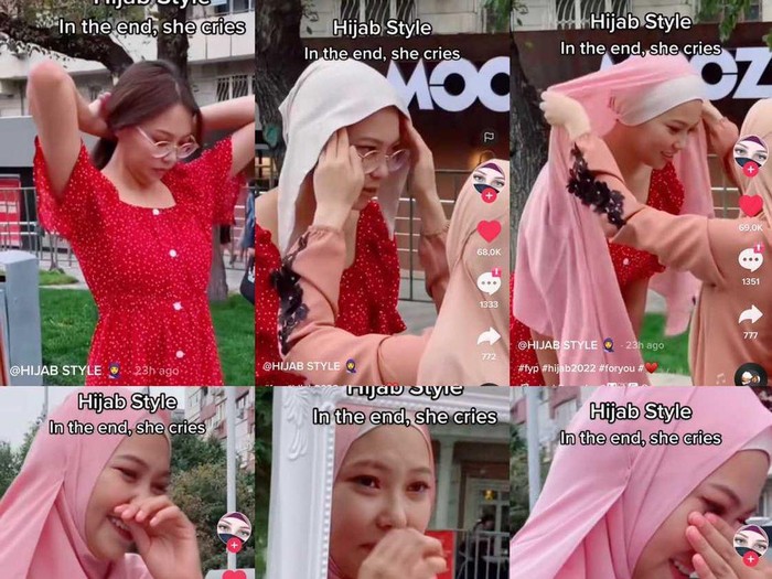 Wanita ini menangis ketika pertama kali mencoba memakai hijab. Wanita ini menangis ketika pertama kali mencoba pertama kali memakai hijab.