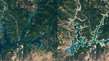 Danau Shasta adalah waduk terbesar di California dan perairan terbesar ketiga, sumber air utama untuk pertanian Lembah Tengah. Tapi kekeringan telah menguras danau. Foto: NASA