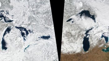 Lapisan es Great Lakes telah menurun sekitar 5% setiap dekade sejak awal 1970-an. Foto: NASA