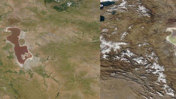 Danau Urmia Iran adalah salah satu danau hipersalin (sangat asin) terbesar di dunia. Ini telah dinyatakan sebagai Lahan Basah Penting Internasional dan Cagar Biosfer UNESCO. Namun seperti dilansir United Nations Environment Programme, ketinggian airnya mulai menurun dengan cepat pada pertengahan 1990-an Foto: NASA