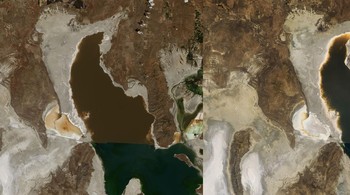 Perubahan tingkat air di Great Salt Lake, Utah pada 2013 vs 2019. Foto: NASA