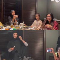 Penampilan tak biasa Paula Verhoeven saat buka puasa geng artis ini langsung mencuri atensi publik. Paula mengenakan hijab panjang hitam dipadu dengan tunik garis-garis, celana hitam dan sandal. Foto: Dok. Instagram @paula_verhoeven.