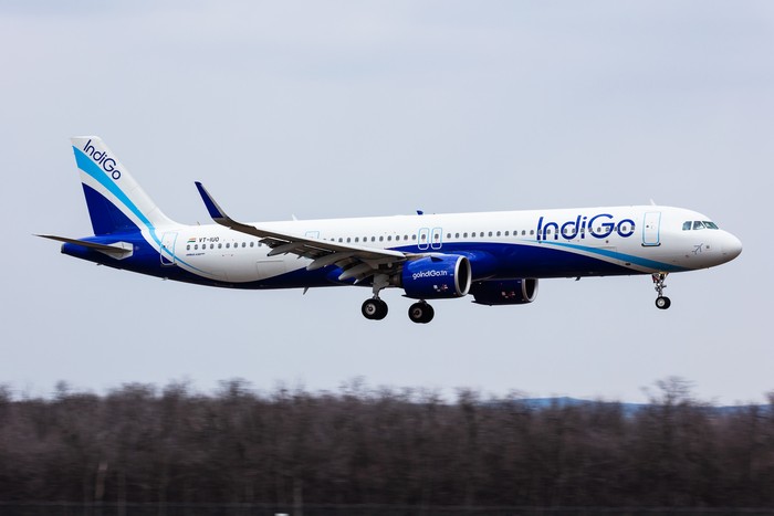 Budapest, Hungary - March 5, 2022: IndiGo Airlines Airbus A321 NEO passenger plane and aircraft at Budapest Airport. Evacuation special flight for indian citizens because the Ukraine-Russian war.