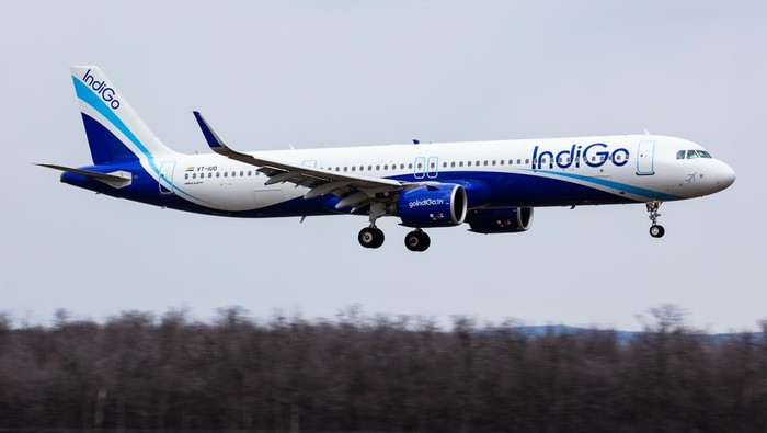 Budapest, Hungary - March 5, 2022: IndiGo Airlines Airbus A321 NEO passenger plane and aircraft at Budapest Airport. Evacuation special flight for indian citizens because the Ukraine-Russian war.