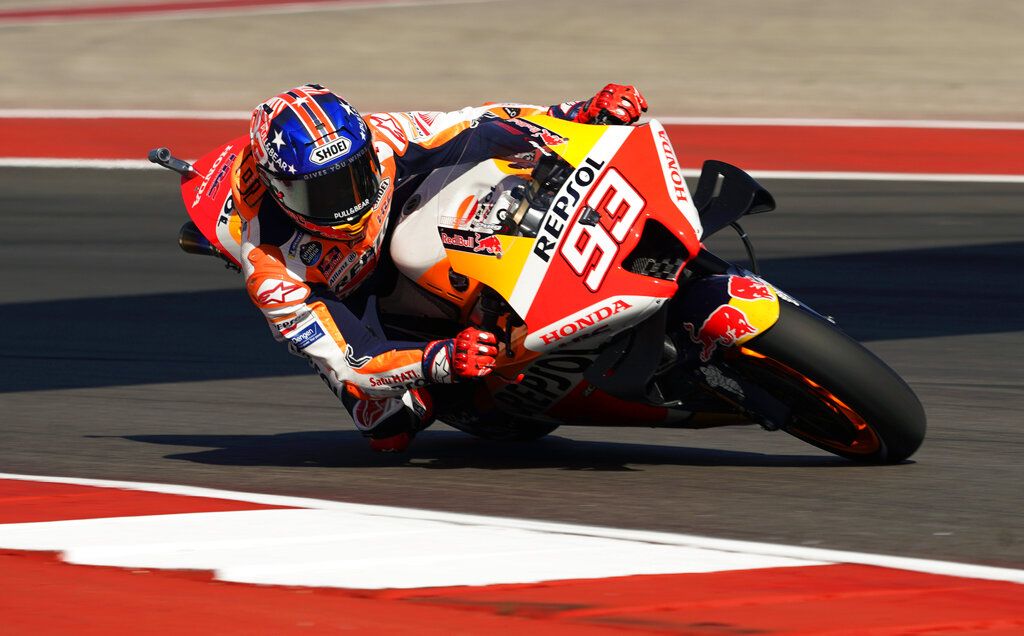 Marc Marquez (93), of Spain, steers through a turn during an open practice session for the MotoGP Grand Prix of the Americas motorcycle race at the Circuit of the Americas, Saturday, April 9, 2022, in Austin, Texas. (AP Photo/Eric Gay)