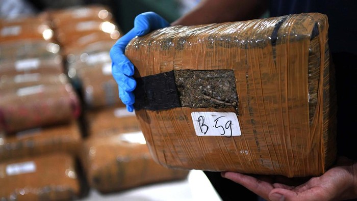 Penampakan Tumpukan Ganja yang Diamankan dari Jaringan Aceh Direktur Reserse Narkoba Polda Metro Jaya Kombes Pol Mukti Juharsa (kedua kiri) didampingi Kepala Bidang Hubungan Masyarakat (Kabid Humas) Polda Metro Jaya Kombes Pol Endra Zulpan (kedua kanan) menunjukkan barang bukti berupa ganja kepada awak media saat ungkap kasus peredaran ganja di Direktorat Reserse Narkoba Polda Metro Jaya, Jakarta, Jumat (22/4/2022). Direktorat Reserse Narkoba Polda Metro Jaya berhasil mengamankan delapan orang tersangka dengan barang bukti ganja sebanyak 471,6 kilogram yang merupakan jaringan Aceh, Medan, dan Jakarta.