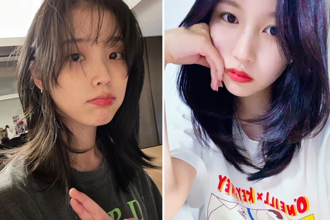 Tren rambut wolf cut belakangan juga populer di kalangan remaja terutama pengguna TikTok. IU memilih untuk menambah see through bangs, sementara Mina TWICE memilih poni belah tengah. Foto: dok. Instagram @dlwlrma, dok. Instagram @twicetagram