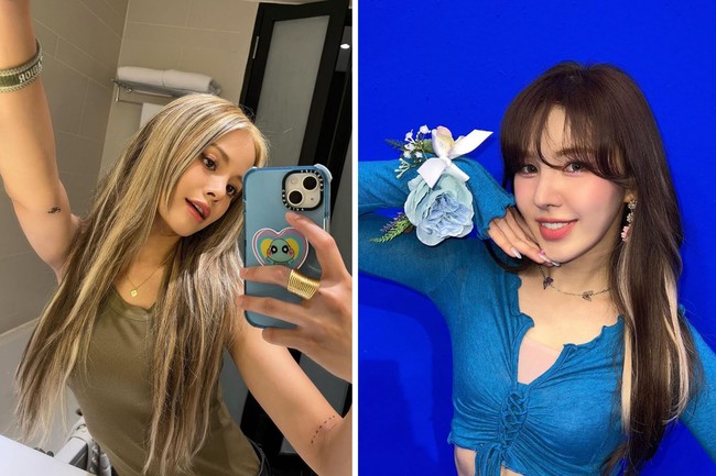 Tren rambut Chunky Streaks sempat populer di tahun 90an. Berbeda dengan highlight, bagian rambut yang diambil lebih banyak. Wendy Red Velvet dan Sorn CLC pernah mencobanya. Foto: dok. Instagram @sssorn_chonnasorn, dok. Instagram @todayis_wendy