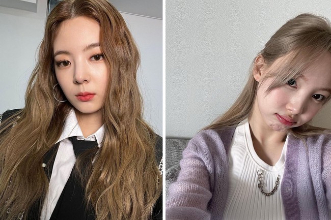 Seperti namanya, tren milk tea hair menghasilkan warna rambut yang menyerupai minuman teh susu. Kamu bisa mencoba memilih warna coklat terang seperti Lia ITZY ataupun ash grey seperti Nayeon TWICE. Foto: dok. Instagram @itzy.all.in.us. dok. Instagram @twicetagram