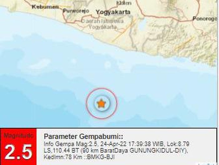 Gempa M 2,5 terjadi di perairan Gunungkidul, Minggu (24/4/2022).