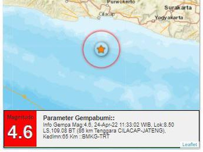 Gempa M 4,6 di perairan selatan Cilacap, Minggu (24/4/2022).