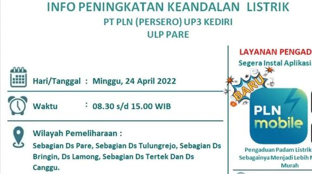 Info pemadamana listrik di sejumlah wilayah Kediri 24 April