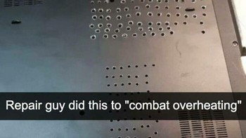 Masalah modern membutuhkan solusi modern. Tapi masa laptop sampai dilubangi seperti ini biar tidak cepat panas? Foto: Reddit via Bored Panda