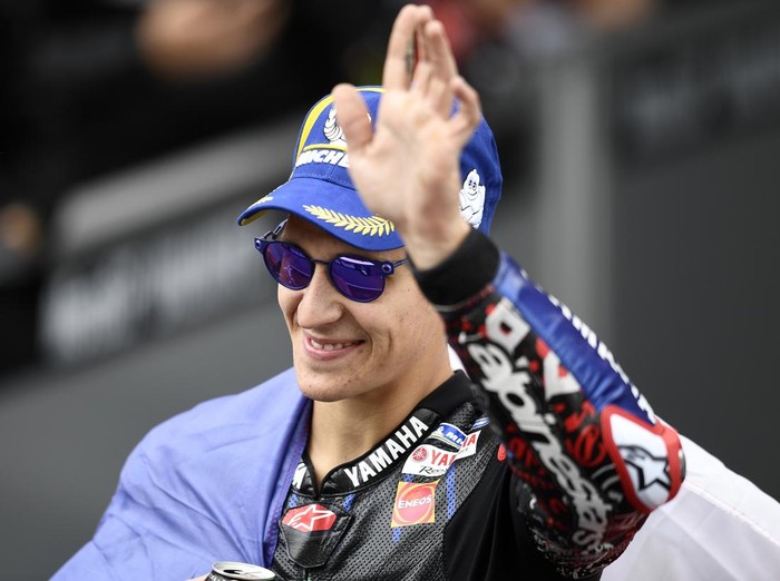 MotoGP rider Fabio Quartararo of France celebrates after winning the Algarve Motorcycle Grand Prix, at the Algarve International circuit near Portimao, Portugal, Sunday, April 24, 2022. (AP Photo/Jose Breton)