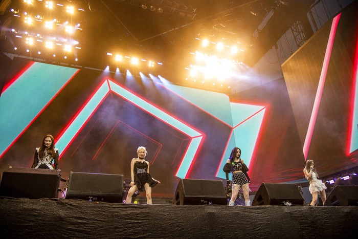 Giselle, left, Ningning, Karina, and Winter of Aespa performs at the Coachella Music & Arts Festival at the Empire Polo Club on Saturday, April 23, 2022, in Indio, Calif. (Photo by Amy Harris/Invision/AP)