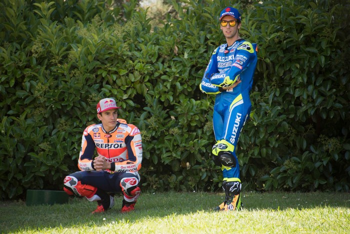 MONTMELO, SPAIN - JUNE 13:  Alex Rins of Spain and Team Suzuki ECSTAR  poses with Marc Marquez of Spain and Repsol Honda Team (L)  during the pre-event 