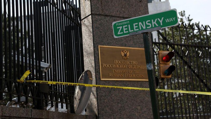 FILE PHOTO - A road sign named after Ukrainian President Volodymyr Zelenskiy stands outside of the Russian embassy in Washington, U.S., March 8, 2022. REUTERS/Leah Millis