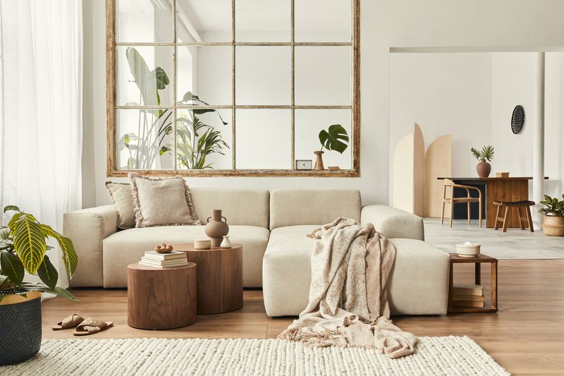 Modern interior of open space with design modular sofa, furniture and elegant personal accessories in stylish home decor. Neutral living room.