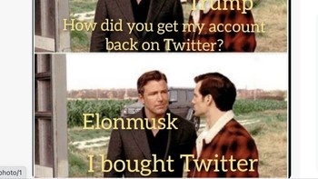 Meme Donald Trump akhirnya bisa kembali memakai Twitter berkat Elon Musk, mengambil adegan di film Batman vs Superman. Foto: Twitter