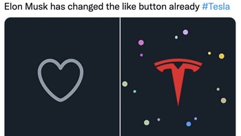 Meme Elon Musk mengubah tombol Like di Twitter jadi berlogo Tesla. Foto: Twitter