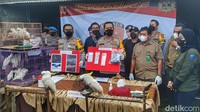 Kapolresta Bandung Kombes Kusworo Wibowo menunjukkan barang bukti burung di Mapolres Bandung, Selasa (26/4/2022).