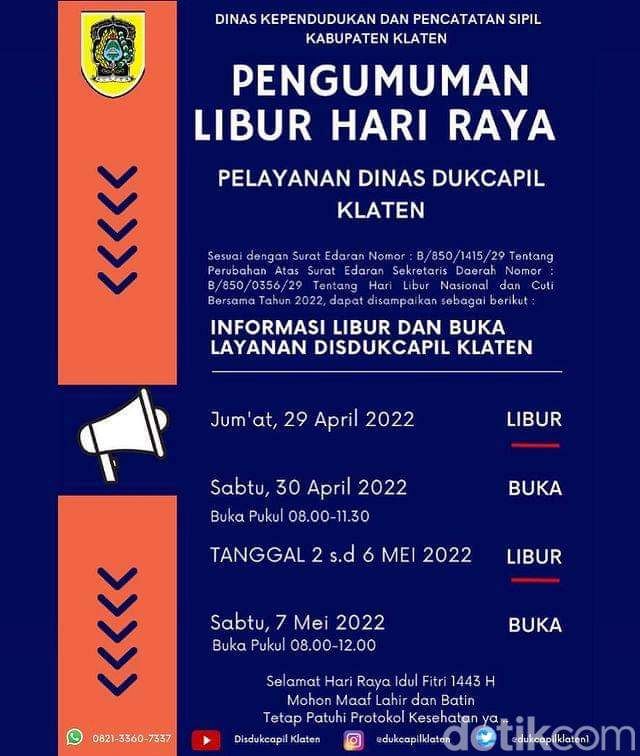 Jadwal Layanan Disdukcapil Klaten saat libur Lebaran 2022.