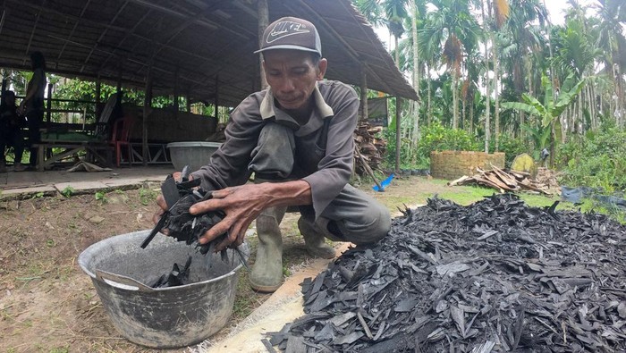 PRODUKSI BRIKET PELEPAH PINANG Perajin menjemur bahan baku briket dari limbah pelepah pinang saat proses produksi di sentra perkebunan pinang Suak Rengas, Desa Teluk Kulbi, Betara, Tanjungjabung Barat, Jambi, Senin (25/4/2022). Briket yang diproduksi secara tradisional dengan memanfaatkan limbah pelepah pinang oleh beberapa warga yang tergabung dalam Kelompok Tani Rengas Lestari tersebut dijual Rp20 ribu per kilogram. ANTARA FOTO/Wahdi Septiawan/YU