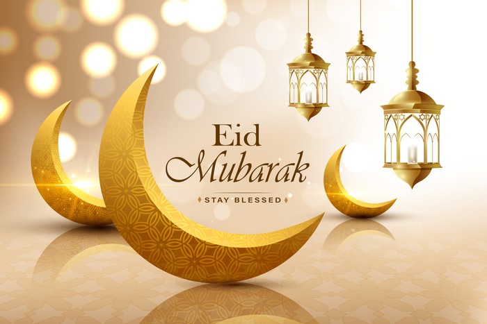 Eid mubarak, realistic 3D looking crescent moon, wish greeting poster, illustration vector