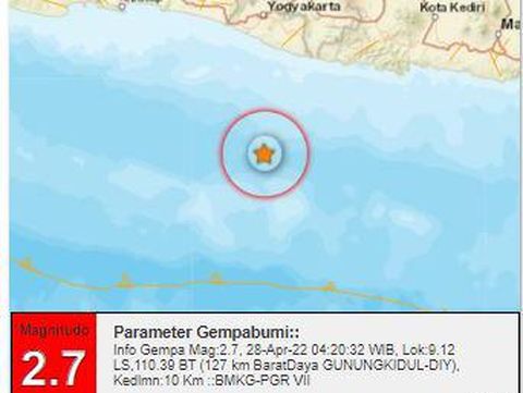 Gempa di barat daya Gunungkidul, Kamis (28/4/2022).