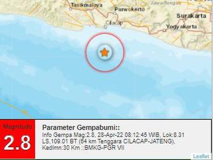 Gempa M 2,8 terjadi di perairan Cilacap, Kamis (28/4/2022).