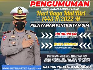 Layanan SIM di Sidoarjo Tutup Selama Momen Lebaran, Buka 9 Mei 2022