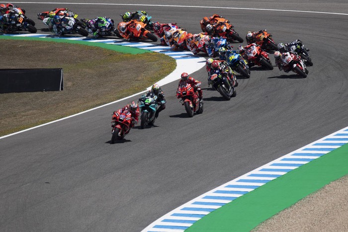 JEREZ DE LA FRONTERA, SPAIN - MAY 02: Jack Miller of Australia and Ducati Lenovo Team leads the field during the MotoGP race during the MotoGP of Spain - Race at Circuito de Jerez on May 02, 2021 in Jerez de la Frontera, Spain. (Photo by Mirco Lazzari gp/Getty Images)