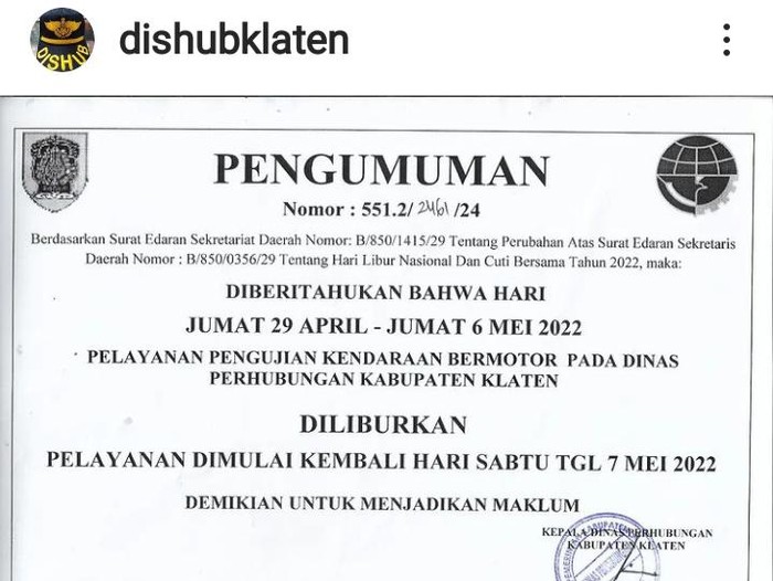 Pengumuman pelayanan uji kendaraan di Dishub Klaten, Kamis (28/4/2022).