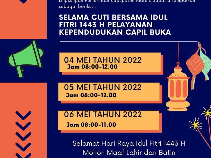 Pengumuman layanan Disdukcapil Klaten terbaru. Buka pelayanan pada 4-6 Mei 2022