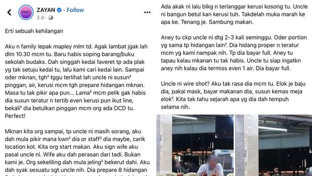 Unggahan viral di Facebook, seorang pria duduk sendirian dir restoran dan memesan makanan.