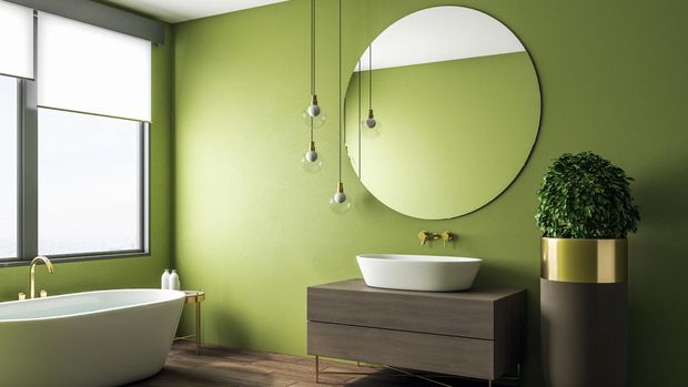 Clean green bathroom interior with appliances and decorative pot tree. Design and real estate concept. 3D Rendering