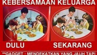 Dua meme ini memperlihatkan potret makan zaman dahulu dan sekarang. Kalau sekarang semua sibuk dengan gadgetnya masing-masing.  Foto: twitter @1cak