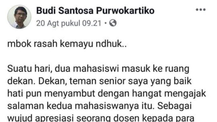 Tangkapan layar status Budi Santosa Purwokartiko yang diduga rasis