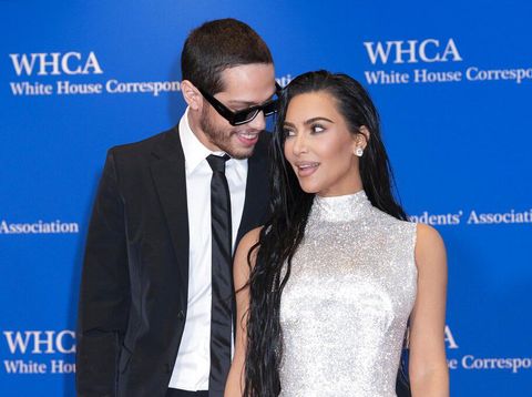 Kim Kardashian and Pete Davidson pose for photographers as they arrive at the annual White House Correspondents' Association Dinner in Washington, Saturday, April 30, 2022. (AP Photo/Jose Luis Magana)