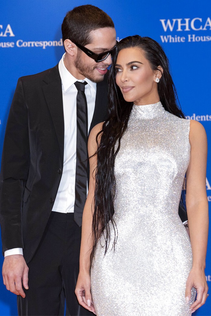 Kim Kardashian and Pete Davidson pose for photographers as they arrive at the annual White House Correspondents' Association Dinner in Washington, Saturday, April 30, 2022. (AP Photo/Jose Luis Magana)