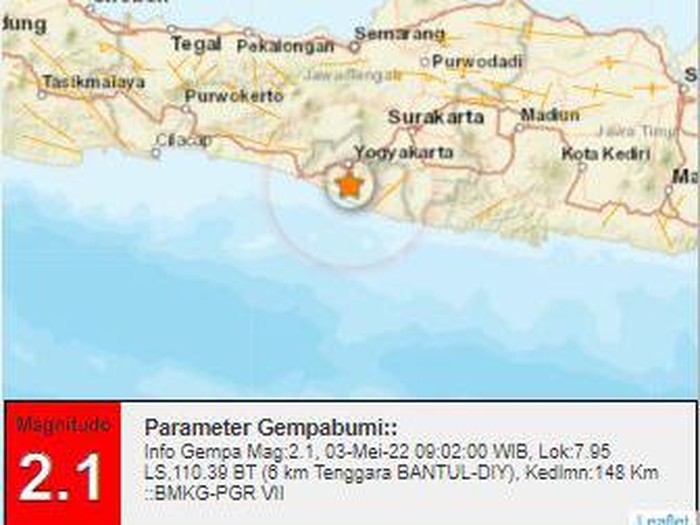 Gempa darat M 2,1 terjadi di Bantul, Selasa (3/5/2022) pukul 09.02 WIB.