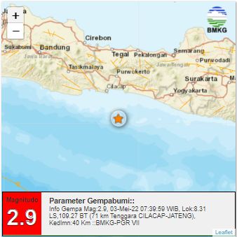 Gempa M 2,9 di 71 km tenggara Cilacap Jawa Tengah, Selasa (3/5/2022) pukul 07.39 WIB.